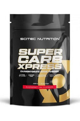 Scitec Nutrition Super Carb Xpress carbohydrate drink powder pack for energy and endurance, raspberry tea flavor.